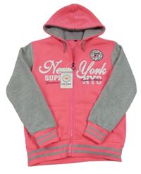 Nové - Neonově růžovo-šedá propínací mikina s nápisem a kapucí