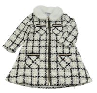 Bílo-černo-zlatý kostkovaný vzorovaný podšitý kabát s kamínky a kožešinovým límečkem BLUE BERi
