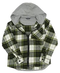 Olivovo-bílo-černá kostkovaná flanelová košile s kapucí Primark