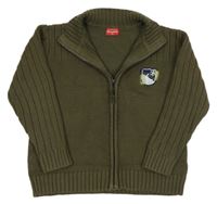 Khaki propínací svetr s nášivkou Sanetta