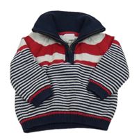 Tmavomodro-bílo-červený pruhovaný svetr se stojáčkem 