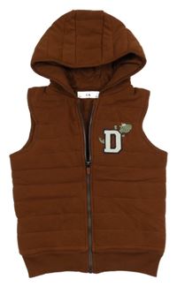 Hnědá tepláková prošívaná zateplená vesta s dinosaurem a kapucí C&A