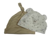 2x Béžová + bílá čepice s medvídkem Pú