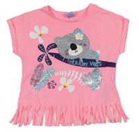 Neonově růžové melírované tričko s medvídkem a flitry a třásněmi Kiki&Koko