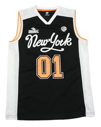 Černo-bílo-křiklavě oranžové sportovní basketbalové tílko s nápisem a číslem a míčem zn. H&M