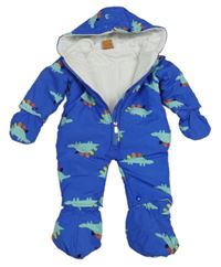 Modrá šusťáková zimní kombinéza s dinosaury a kapucí + rukavice a capáčky Cheeky Chimp