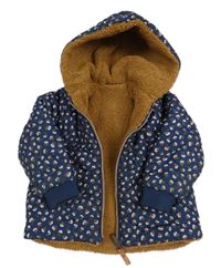 Tmavomodrá prošívaná šusťáková zimní oboustranná bunda s kytičkami a kapucí noppies