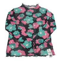 Nové - černo-zeleno-růžové květované síťované průsvitné triko se srdíčky St. Bernard