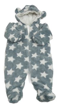 Šedá huňatá zateplená kombinéza s bílými hvězdičkami a kapucí s oušky