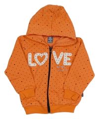 Oranžová puntíkatá propínací teplá mikina s nápisy a srdíčky a kapucí 