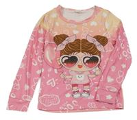 Růžovo-broskvové žebrované triko s dívkou a srdíčky SHEIN