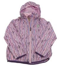 Růžovo-bílo-modrá vzorovaná puntíkatá šusťáková jarní bunda s ukrývací kapucí