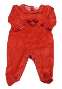 Červený sametový overal s 3D květy a korálky a kamínky a volánky MINTINI BABY