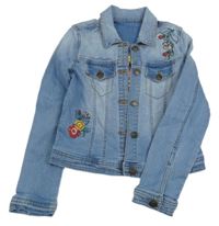 Světlemodrá tepláková riflová crop bunda s kytičkami a ptáčkem a límečkem NUTMEG