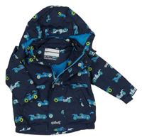 Tmavomodrá šusťáková jarní bunda s formulemi a odepínací kapucí TCM