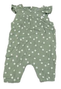 Khaki-bílý puntíkatý mušelínový kalhotový overal s volánky Ergee