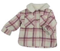 Smetanovo-růžovo-švestková kostkovaná vlněná podšitá košilová bunda s huňatým límečkem F&F
