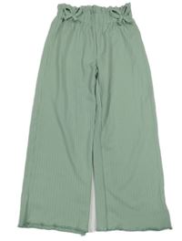 Olivovošedé žebrované široké paper bag kalhoty s mašlemi SHEIN