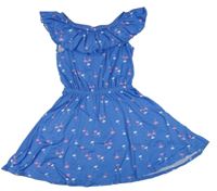 Zvonkově modré šaty s palmami a volánkem Y.F.K.