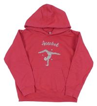 Tmavorůžová mikina se stříbrnou gymnastkou a kapsou a kapucí AWDis