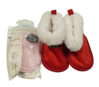 3set - Červené sametové zateplené válenky vel. 17 + 2x růžové rukavičky