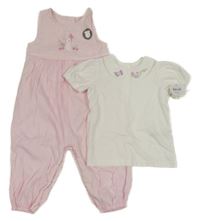Nové - 2set - Růžovo-bílý pruhovaný kalhotový overal s králíkem + smetanové tričko s límečkem Nutmeg