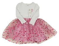 Nové - Bílo-růžové bavlněno/tylové šaty s květinami Pep&Co