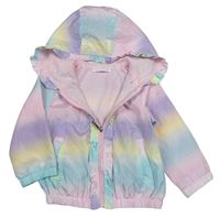 Růžovo-barevná šusťáková jarní bunda s volánky a kapucí