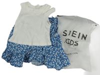 2 set - Bílý žebrovaný crop top + modrá květovaná lehká sukně Shein