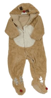 Béžovo-bílá chlupatá podšitá kombinéza s kapucí - sob Mothercare