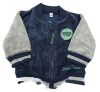 Tmavomodro-šedá sametová propínací mikina s nášivkou 