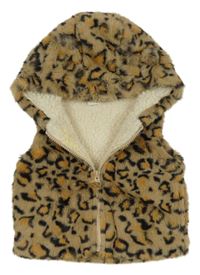 Hnědá leopardí kožešinová zateplená vesta s kapucí