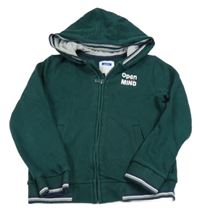 Tmavozelená propínací mikina s nápisem a kapucí okaidi