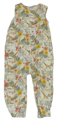 Smetanový květovaný bavlněný kalhotový overal s listy a žirafami Tu
