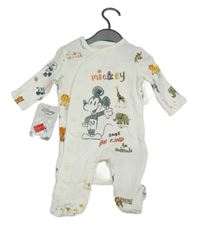 Nové - 3set - Bílý overal s Mickeym a zvířátky + bílé body s Mickeym + slinták + čepice Disney