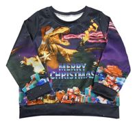 Černo-fialová mikina s dinem a nápisem