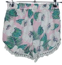 Dámské bílo-růžovo-zelené květované kraťasy s bambulkami zn. MissGuided