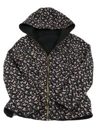 Černá květinová plátěná lehce zateplená oboustranná bunda s kapucí George