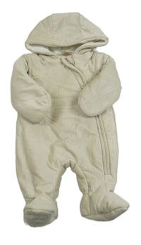 Béžová pruhovaná sametová zateplená kombinéza s kapucí 