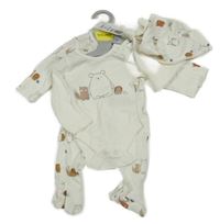 Nové - 4set- bílý overal se zvířátky+ body+ slinták+ čepice M&S