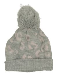 Šedo-růžová vzorovaná čepice s bambulí 