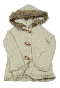 Béžový propínací zateplený svetr s kožešinou a kapucí 