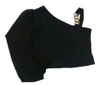 Černé crop asymetrické triko se zlatým řetězem a šifonovým rukávem SHEIN