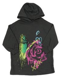 Tmavošedá oversize dlouhá mikina s potiskem a kapucí Next