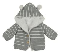 Šedo-bílý pruhovaný propínací zateplený svetr s kapucí Matalan