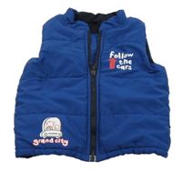 Tmavomodrá šusťáková zateplená vesta s nápisem 