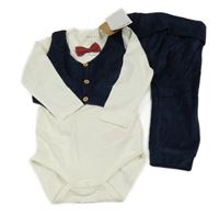 Nové - 2set - Smetanové body s vestou + motýlkem + sametové žebrované kalhoty Name it