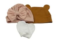 3set - 2x čepice - růžová+ medová  + bílé rukavice 