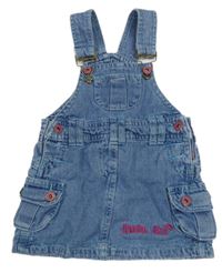 Modré riflové laclové šaty s nápisem a kapsami 