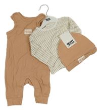 Nové - Pudrové žebrované laclové tepláky s logem + čepice + bílo/pruhované propínací triko DKNY